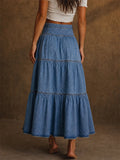 Women High Waist Boho Button Front Tiered Denim Maxi Skirt