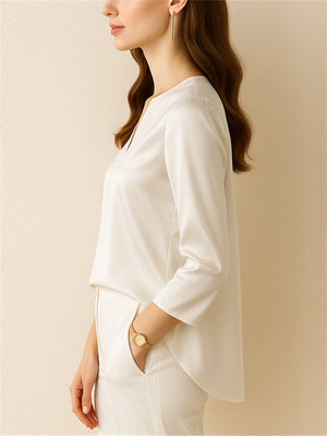 Ladies' Elegant Solid Color V Neck 3/4 Sleeve Satin Blouses