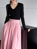 French Style Women's Solid Color A-line Pleated Maxi Skirt