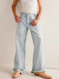 Female Loose Washed Button Trim Jeans with Pockets