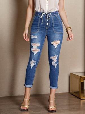 Fashionable Dark Blue Ripped Jeans for Ladies