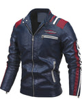 Men's Contrast Color Striped Faux Leather Jacket Winter Casual Motorcycle Style
