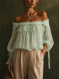 Women Sage Green Champagne Off Shoulder Ruffle Chiffon Blouse Top
