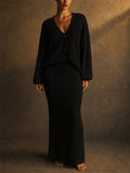 Women's Grunge Style V-Neck Button Up Cardigan Top and Midi Dress Set