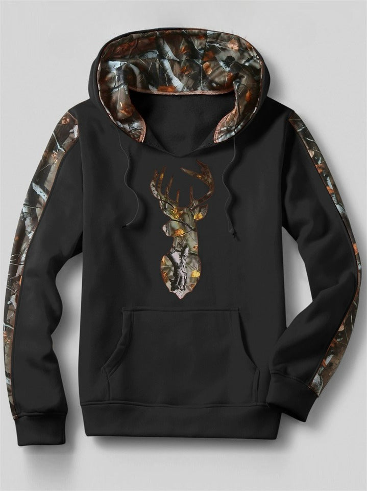 Men's Autumn Casual Deer Print Hoodie with Camo Patchwork