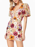 Women's Colourful Flower V Neck Bodycorn Mini Dress