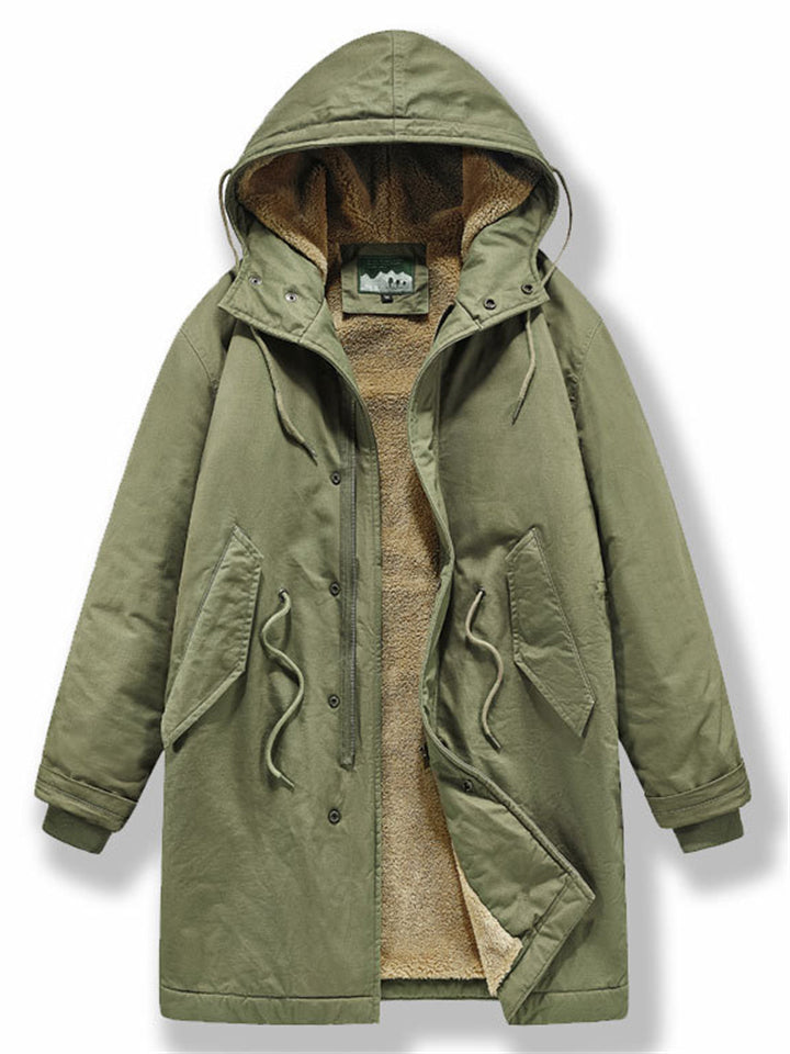 Men's Winter Casual Solid Color Pockets Tie-Waist Hooded Coat