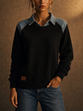 Women 2 in 1 Layered Pullover Denim Patchwork Collar Top