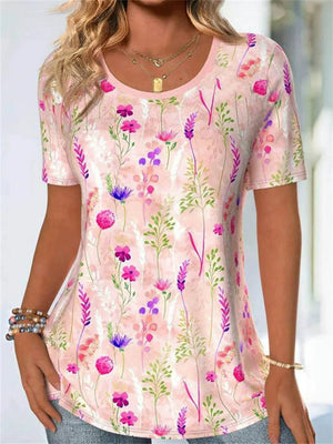 Women's Casual Plants Printed Round Neck Short Sleeve T-Shirt