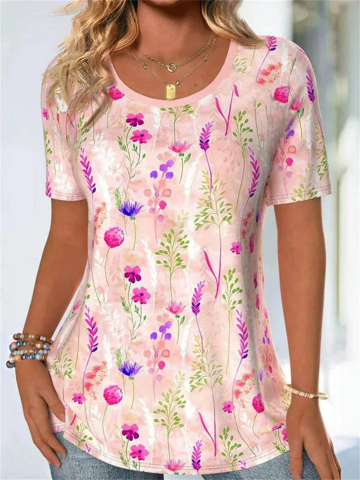 Women's Casual Plants Printed Round Neck Short Sleeve T-Shirt