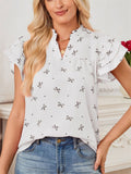 Women's Summer Bowtie Print V neck Lotus Sleeve Chiffon Shirts