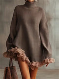 Women's Turtle Neck Ruffled Trim Long Sleeved Sweaters