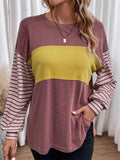 Round Neck Long Sleeve Contrast Color Stripe Shirts for Women