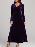 ‌Women's Elegant V-Neck Long Sleeve Velvet Maxi Dress‌