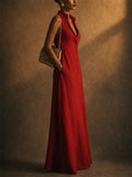 Womens Red Linen Blend Collared Sleeveless Maxi Shirt Dress