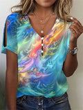 Women's Colorful Tie Dye Hollow Out Short Sleeve V Neck T-shirt