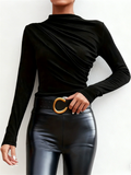 ‌Women's Elegant Pleated Slim Fit High-Neck Ruched Long Sleeve Shirts