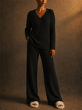 Women V Neck Ribbed Knit 2 Piece Sweater and Wide Leg Pants Set