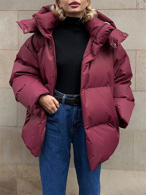Women's Oversized Detachable Hat Zip-Up Warm Padded Coat