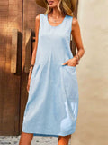 Cotton Linen Sleeveless Loose U Neck Dress for Women