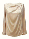 ‌Women's Elegant Champagne Sabrina Neck Satin Ruched Long Sleeve Blouse‌s