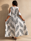 Palm Print Cold Shoulder V-Neck Split Maxi Dress for Women