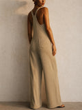 Women Sleeveless Corduroy Backless Casual Wide Leg Jumpsuit