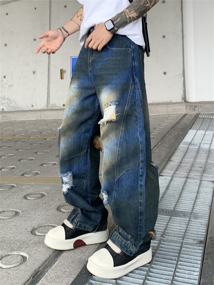 Men's Streetwear Vintage Loose Fit Wash Denim Scimitar Jeans