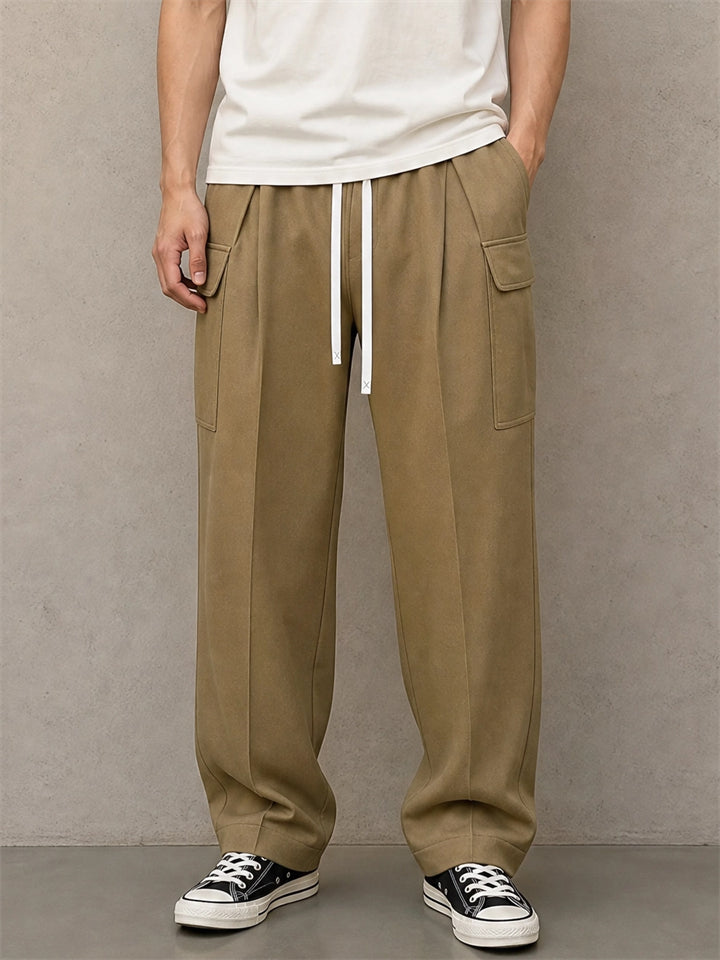 Mens American Style Drawstring Multi Pocket Wide Leg Cargo Pants