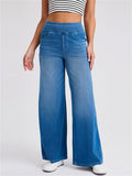Womens High Waisted Elastic Wide Leg Pull on Denim Jeans