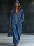 ‌Womens Trendy Chill Streetwear Denim Hooded Jumpsuit with Pockets‌