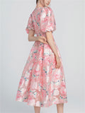 French Style Elegant Pink O-Neck Floral Jacquard Midi Dress For Women