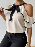 Beige Bowknot Cold Shoulder Ruffle Sleeve Blouses for Women
