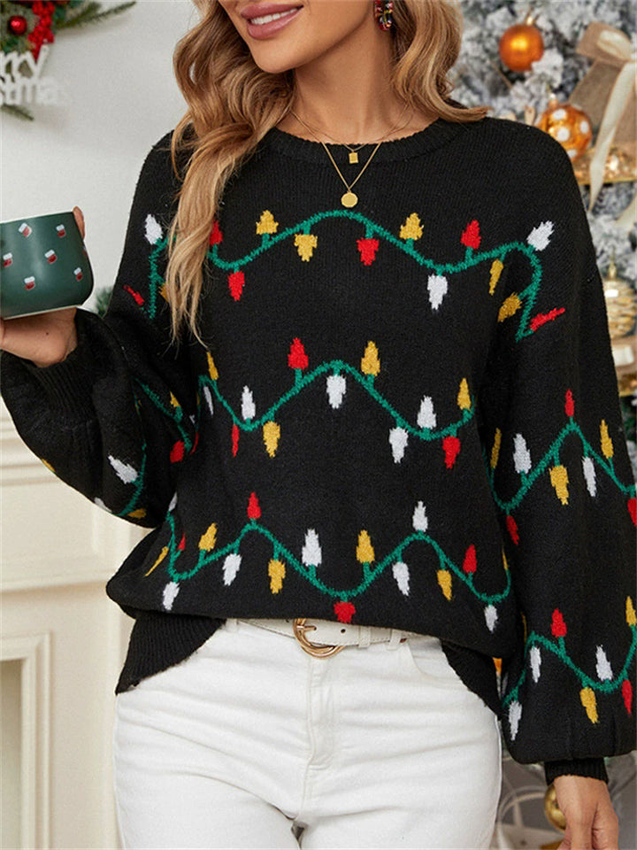 Women's Autumn Fairy Lights Jacquard Round Neck Pullover Long Sleeve Sweaters