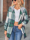Women's Loose Plaid Long Sleeve Button Up Hooded Coat
