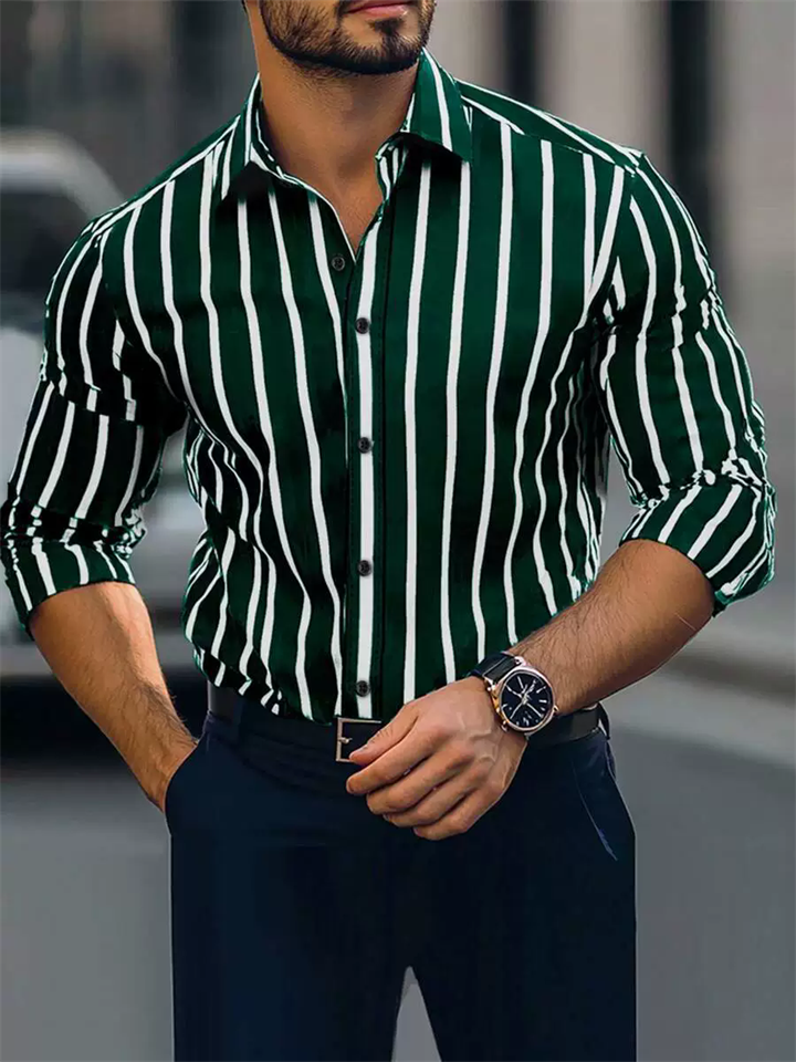 Men's Casual Button Up Striped Long Sleeve Slim Fit Lapel Shirts