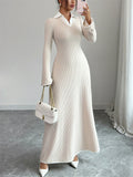 Spring Autumn Long Sleeve Casual Office Women's Knitted V Neck Maxi Dress