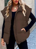 Women's Casual Solid Color Zip Up Pockets Stand Collar Sleeveless Vest Padded Coats