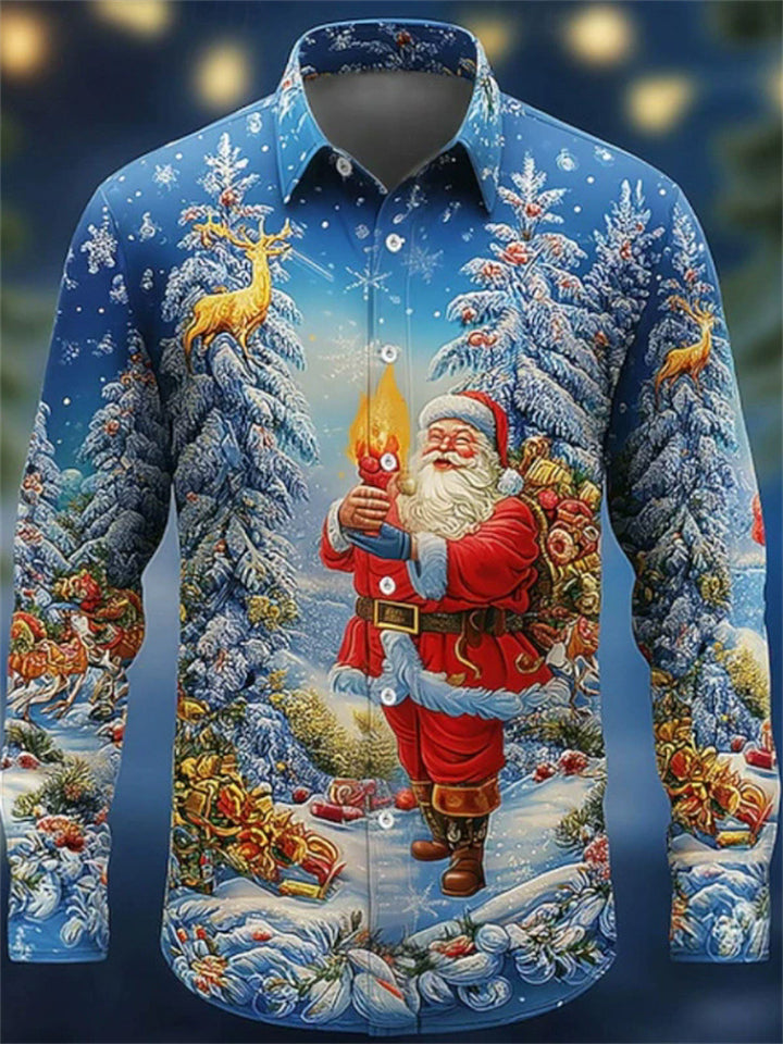 Men's Christmas Tree Santa Claus 3D Printed Lapel Long Sleeve Shirts