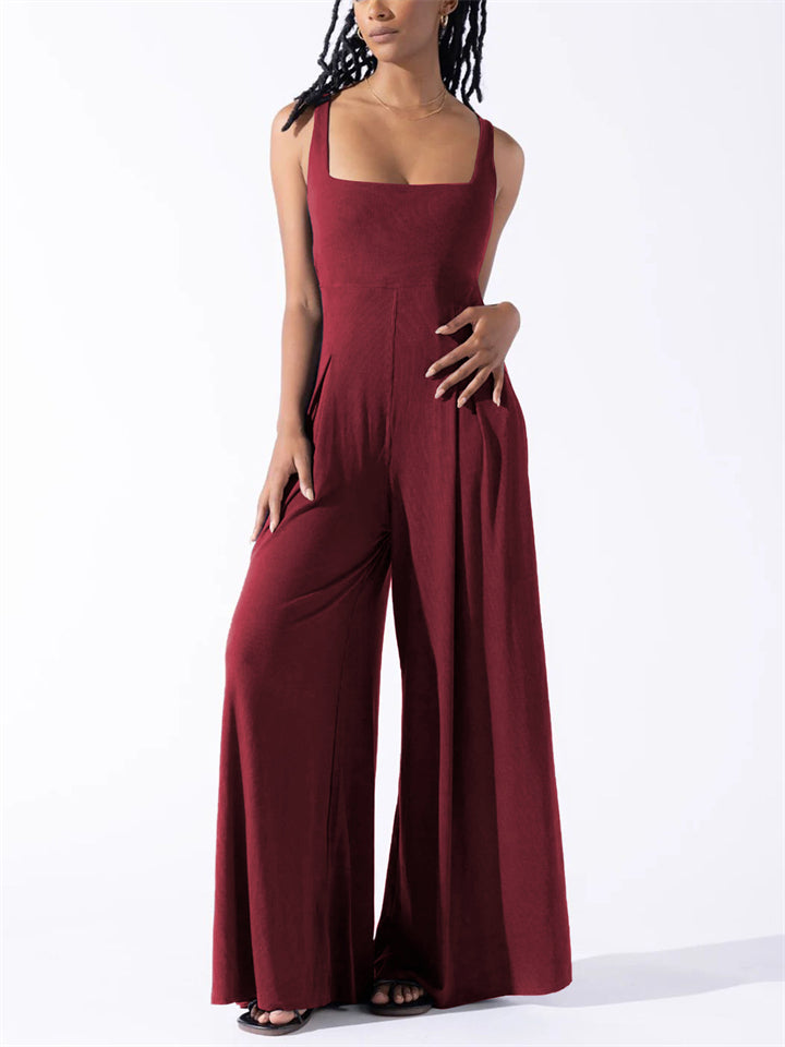 Elegant Square Neck Sleeveless Wide Leg Jumpsuit for Women
