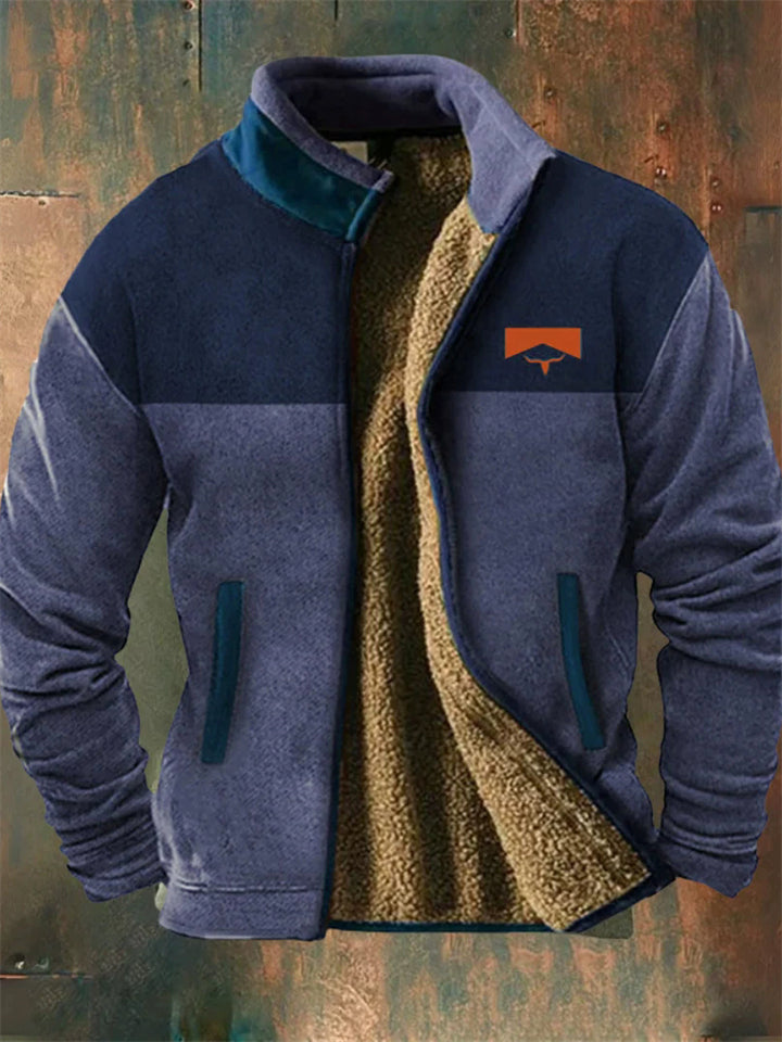 Men's Contrast Color Stand Collar Zip Up Fleeced Coats