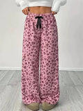 W‌inter Fleece Leopard Heart Print High Waist Wide Leg Women Casual Pants‌