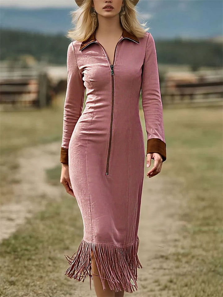 ‌Women's Contrast Color Lapel Zipper Pullover Fringed Long Sleeve Midi Dress‌