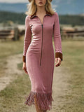 ‌Women's Contrast Color Lapel Zipper Pullover Fringed Long Sleeve Midi Dress‌