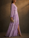 Women's V Neck Lantern Sleeve Split Big Hem Ruffle Maxi Dress