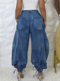 Women's Drawstring High Waist Baggy Tie Hem Joggers Denim Cargo Pants