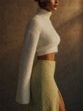 Women Fuzzy Turtleneck Wide Bell Sleeve Crop Sweater