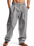 Men's Summer Casual Linen Solid Color Drawstring Wide Leg Trousers