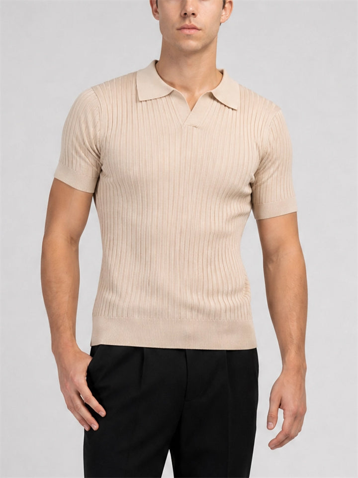 Mens Slim Fit Short Sleeve Ribbed Knit Polo Shirts