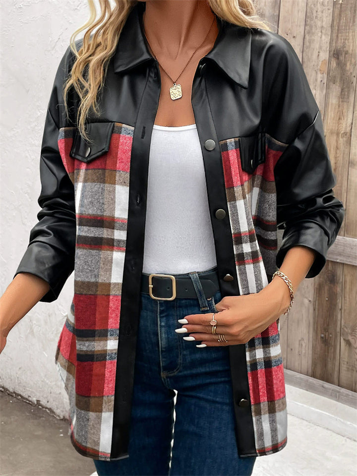 Women's Retro Patchwork Plaid Button Up Lapel Coat